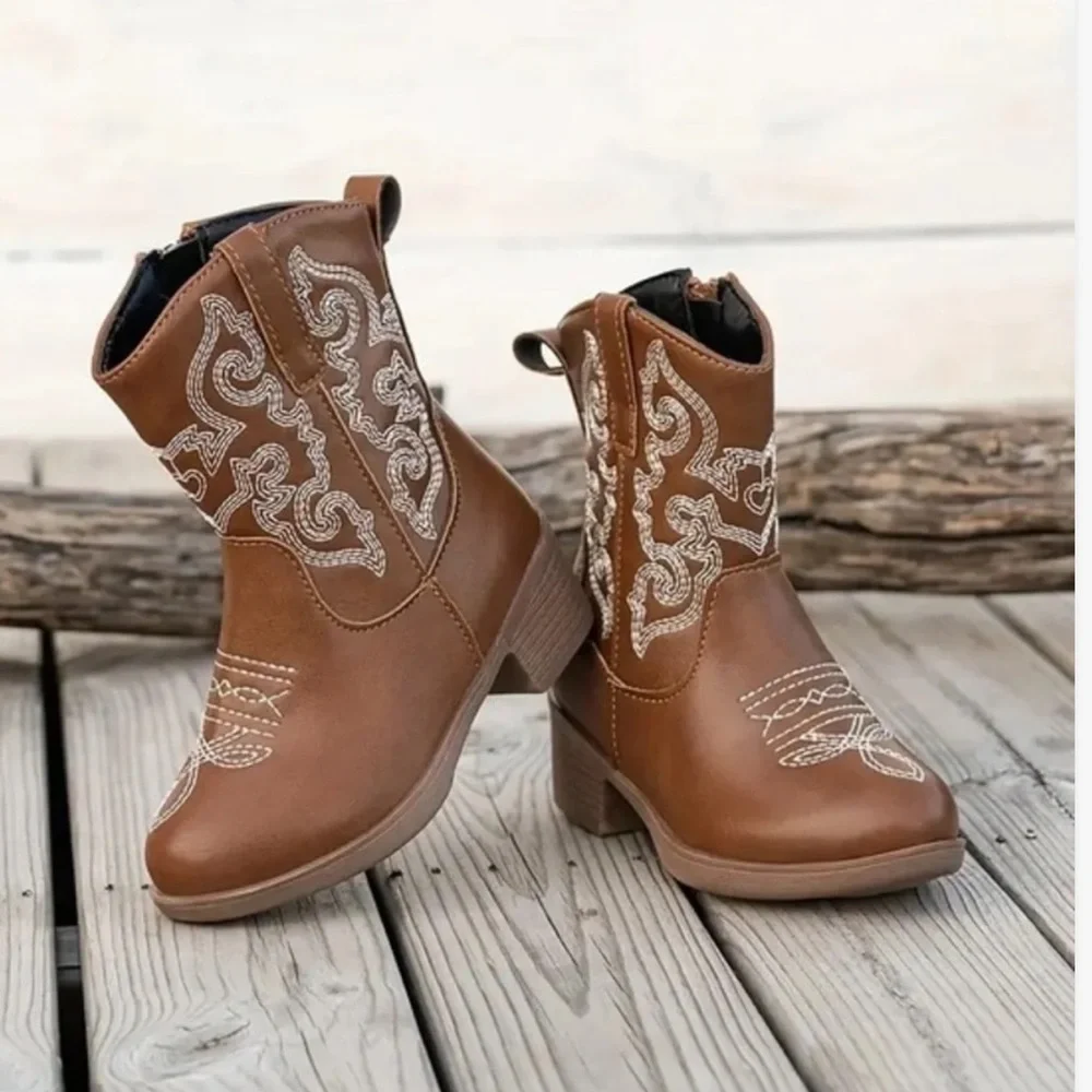 Toddler steppingstone Tan Cowboy Boots with White Embroidery Sz 8 toddler NWOB